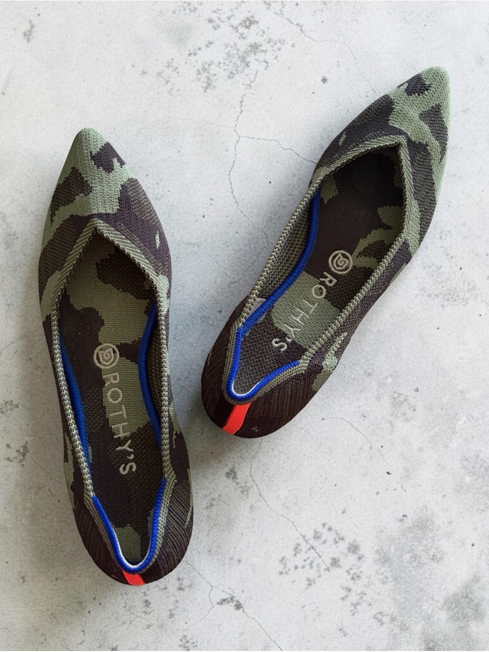 ROTHY’S The Point Camouflage Pointed Toe Flats in Olive and Dark Brown